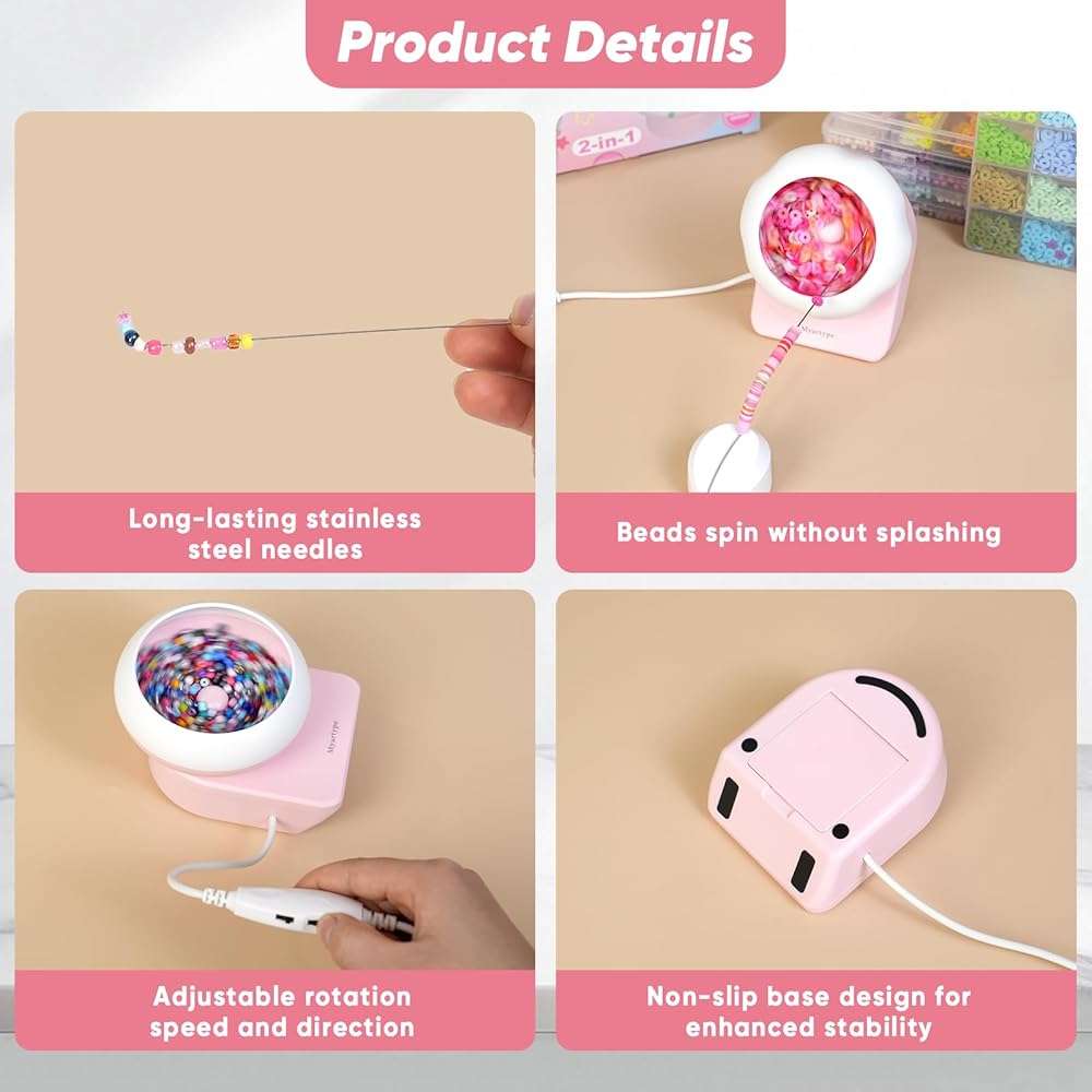 Myartype Clay Bead Spinner and Seed Bead Spinner, 2-in-1 Electric Bead Spinner for Jewelry Making, Bracelet Spinner and Necklace Making Machine with Needles and Thread (Pink), (Beads Not Included) - Image 6