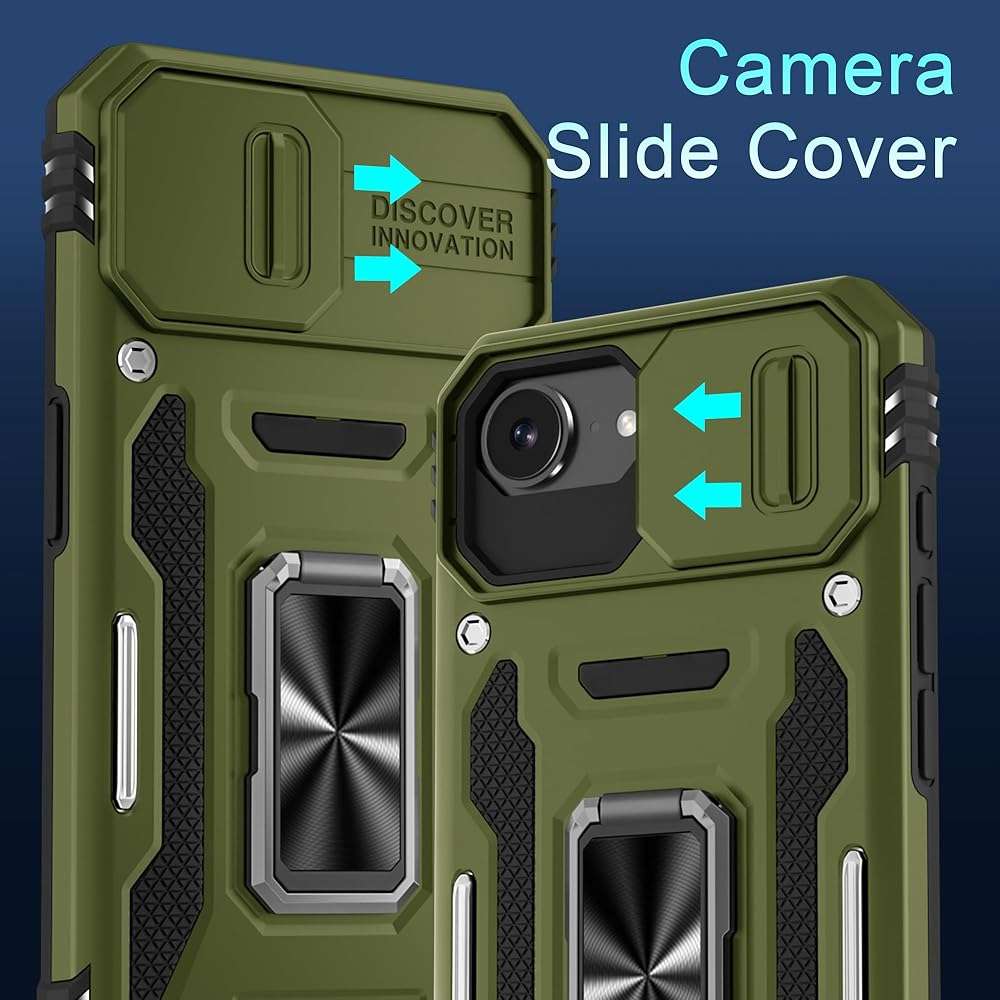 DEERLAMN Case for iPhone 17e/iPhone 16e 6.1-Inch with Slide Camera Cover+Screen Protector (2 Packs), Rotated Ring Kickstand Military Grade Shockproof Protective Cover-Olive Green - Image 2