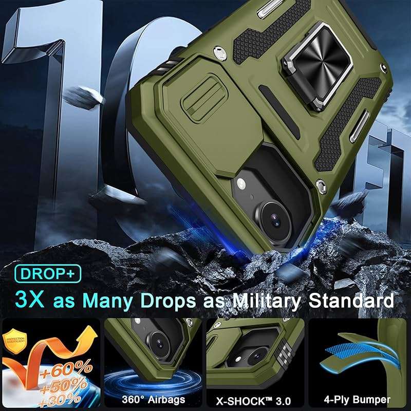 DEERLAMN Case for iPhone 17e/iPhone 16e 6.1-Inch with Slide Camera Cover+Screen Protector (2 Packs), Rotated Ring Kickstand Military Grade Shockproof Protective Cover-Olive Green - Image 3
