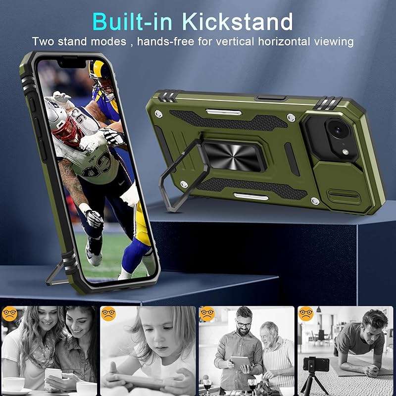 DEERLAMN Case for iPhone 17e/iPhone 16e 6.1-Inch with Slide Camera Cover+Screen Protector (2 Packs), Rotated Ring Kickstand Military Grade Shockproof Protective Cover-Olive Green - Image 4