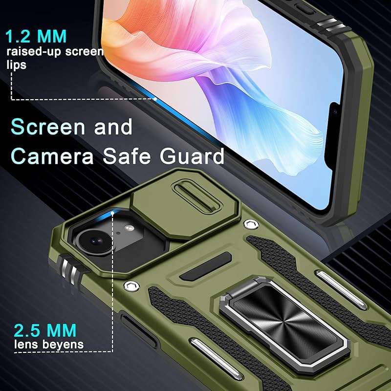 DEERLAMN Case for iPhone 17e/iPhone 16e 6.1-Inch with Slide Camera Cover+Screen Protector (2 Packs), Rotated Ring Kickstand Military Grade Shockproof Protective Cover-Olive Green - Image 5