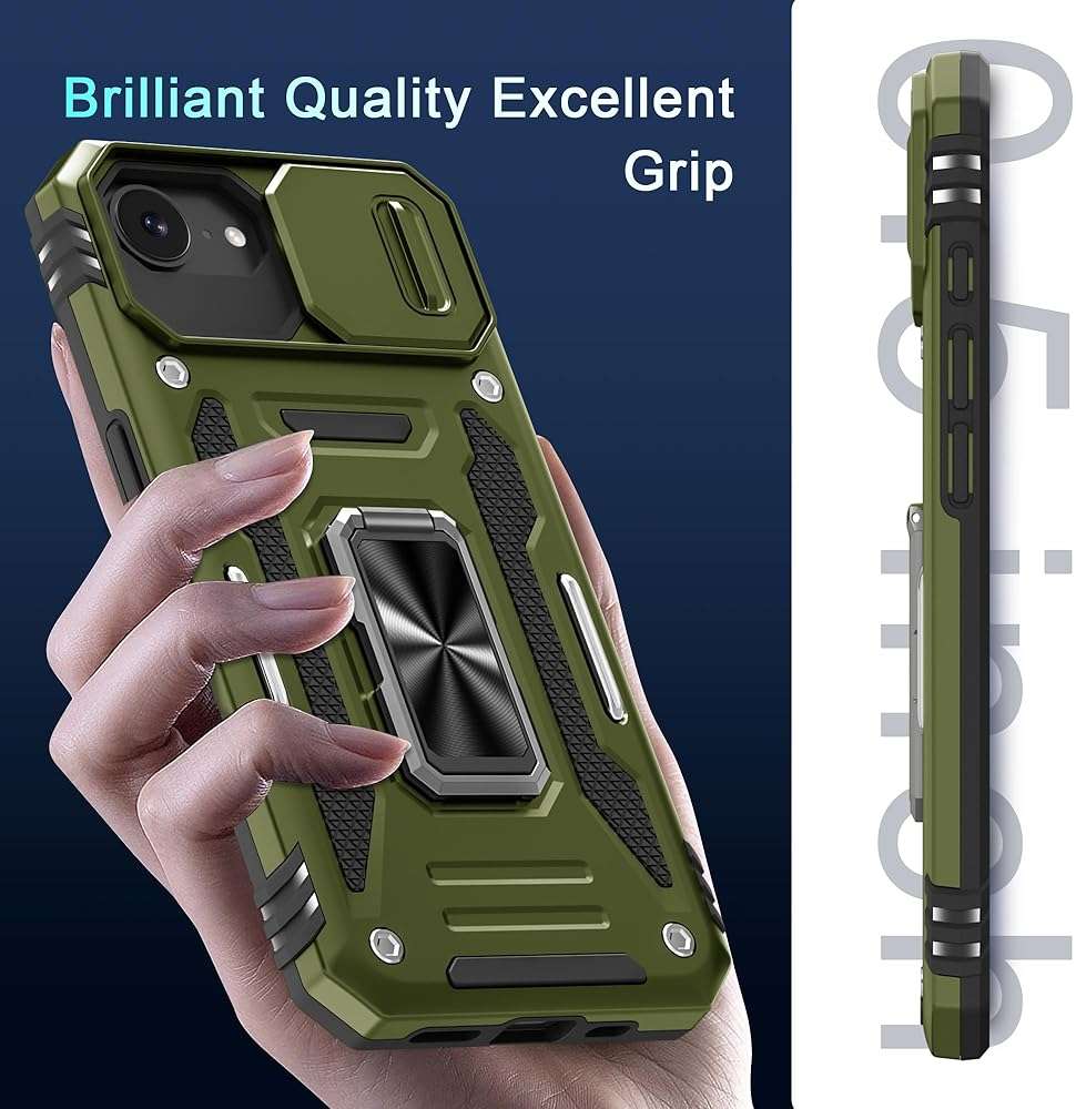 DEERLAMN Case for iPhone 17e/iPhone 16e 6.1-Inch with Slide Camera Cover+Screen Protector (2 Packs), Rotated Ring Kickstand Military Grade Shockproof Protective Cover-Olive Green - Image 7