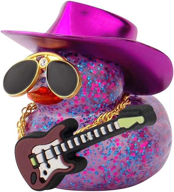 wonuu Car Decorations Laser Cowboy Hat Rubber Ducks, Dashboard Rubber Ducky for Car Ornament Cute Duck with Hat, Glasses, Necklace, Guitar (Glitter Purple) - Image 1
