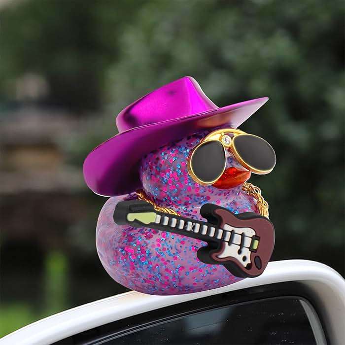 wonuu Car Decorations Laser Cowboy Hat Rubber Ducks, Dashboard Rubber Ducky for Car Ornament Cute Duck with Hat, Glasses, Necklace, Guitar (Glitter Purple) - Image 2