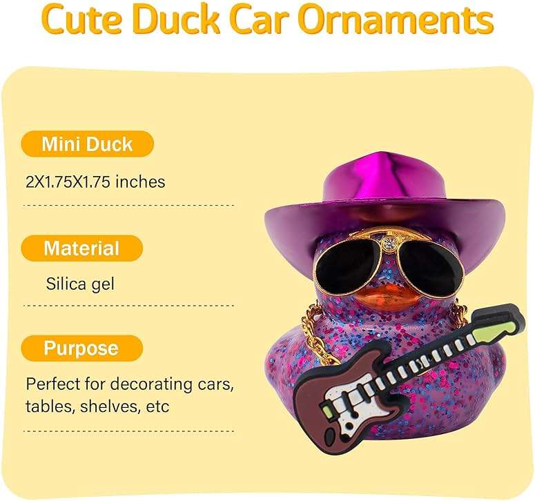 wonuu Car Decorations Laser Cowboy Hat Rubber Ducks, Dashboard Rubber Ducky for Car Ornament Cute Duck with Hat, Glasses, Necklace, Guitar (Glitter Purple) - Image 3