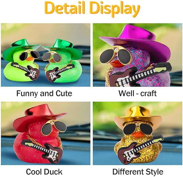 wonuu Car Decorations Laser Cowboy Hat Rubber Ducks, Dashboard Rubber Ducky for Car Ornament Cute Duck with Hat, Glasses, Necklace, Guitar (Glitter Purple) - Image 4