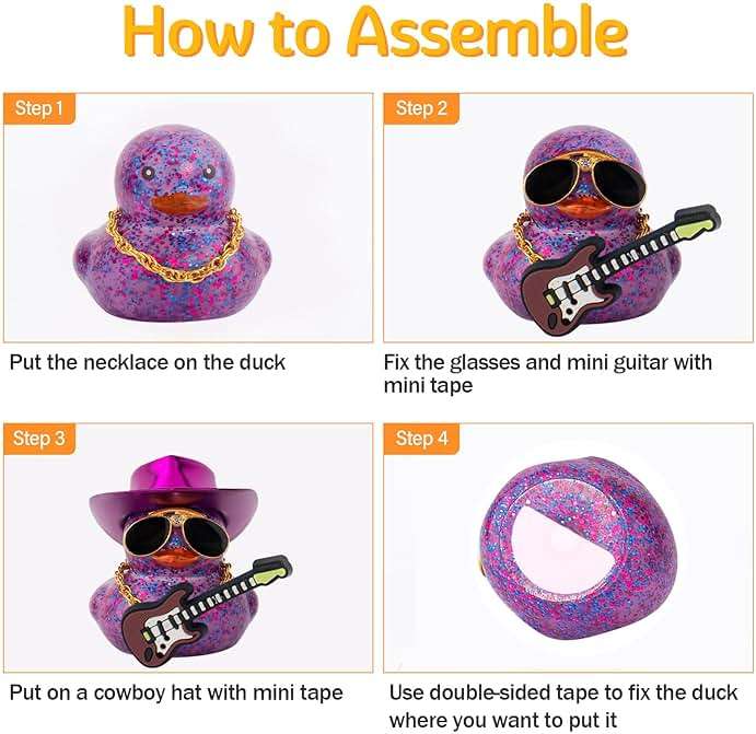 wonuu Car Decorations Laser Cowboy Hat Rubber Ducks, Dashboard Rubber Ducky for Car Ornament Cute Duck with Hat, Glasses, Necklace, Guitar (Glitter Purple) - Image 5