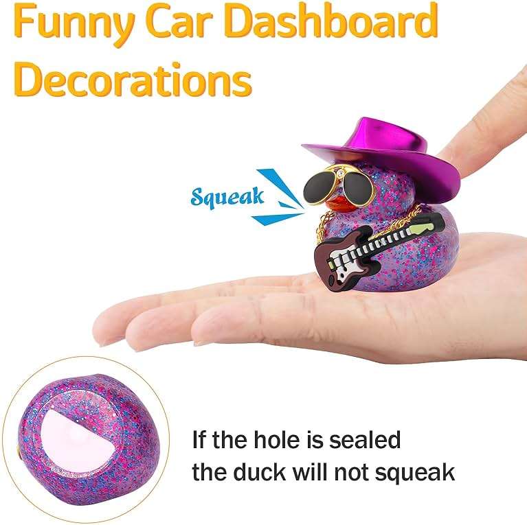 wonuu Car Decorations Laser Cowboy Hat Rubber Ducks, Dashboard Rubber Ducky for Car Ornament Cute Duck with Hat, Glasses, Necklace, Guitar (Glitter Purple) - Image 6