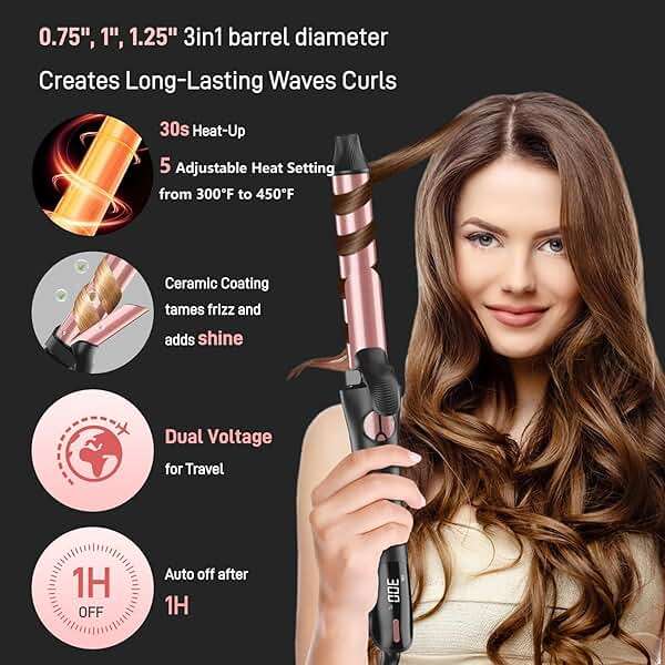 Rotating Curling Iron - 3 in1 Automatic Curling Iron with Interchangeable CurlingWand, 3/4, 1 1/4, 1 Inch CurlingIron for Lasting Beach Waves, Adjustable Temp, Instant Heat, Dual Voltage (Black) - Image 5