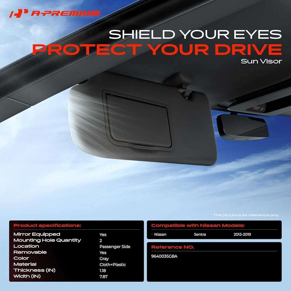 A-Premium Passenger Right Side Sun Visor Compatible with Nissan Sentra 2013 2014 2015 2016 2017 2018 2019, with Vanity Mirror, with Sliding Sun Sisor Sxtension, Gray - Replaces 964003SG8A, 96400-3SG8A - Image 2