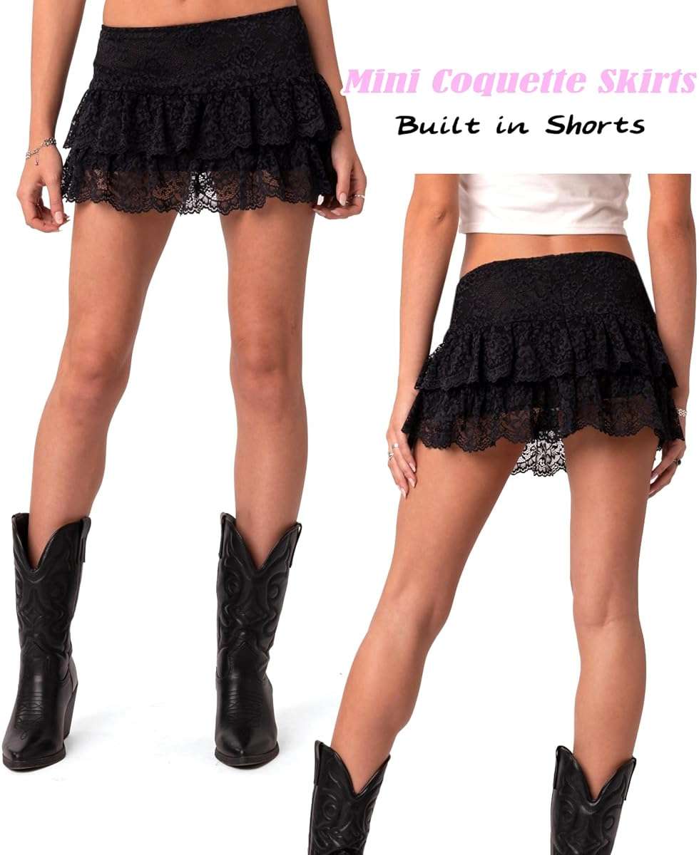 Navneet Women Sexy Y2K Sheer Lace Ruffle Mini Skirt Low Rise Mesh Ruffle Shorts Micro Skirt Coquette Going Out - Image 2