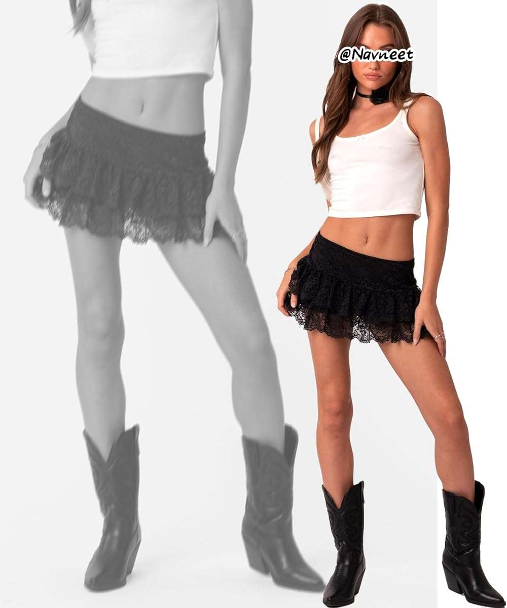 Navneet Women Sexy Y2K Sheer Lace Ruffle Mini Skirt Low Rise Mesh Ruffle Shorts Micro Skirt Coquette Going Out - Image 3