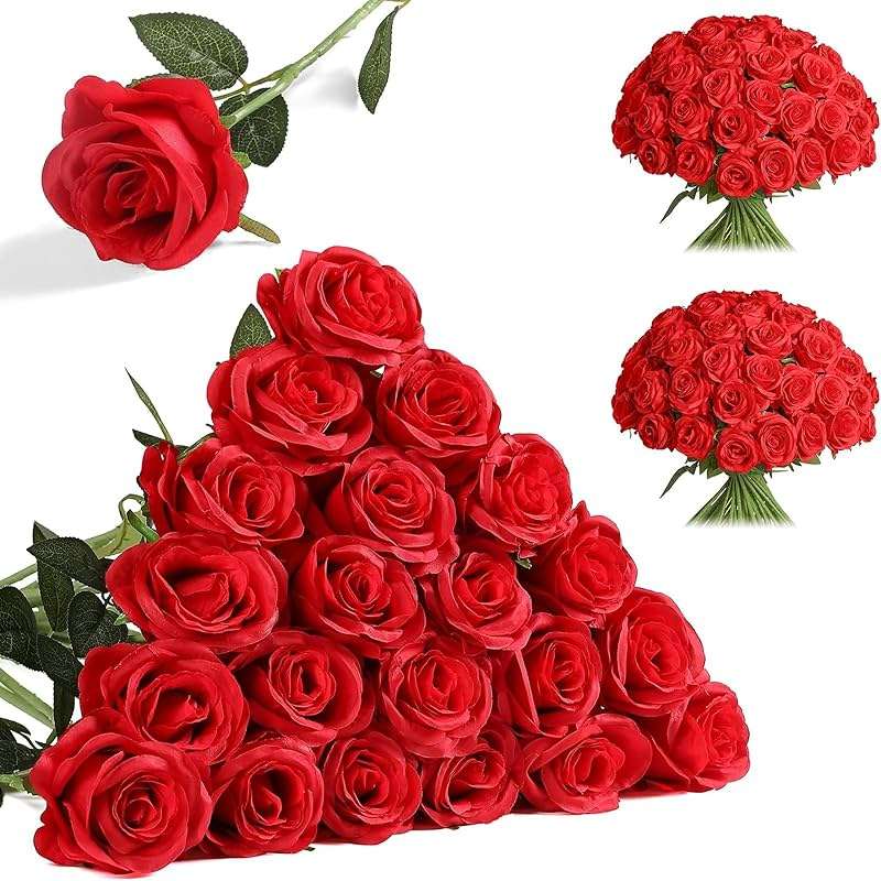Nubry 24pcs Artificial Red Roses, Fake Silk Roses Flower with Long Stems, Realistic Flowers for Bridal Wedding Party Table Centerpiece Home Decor - Image 1