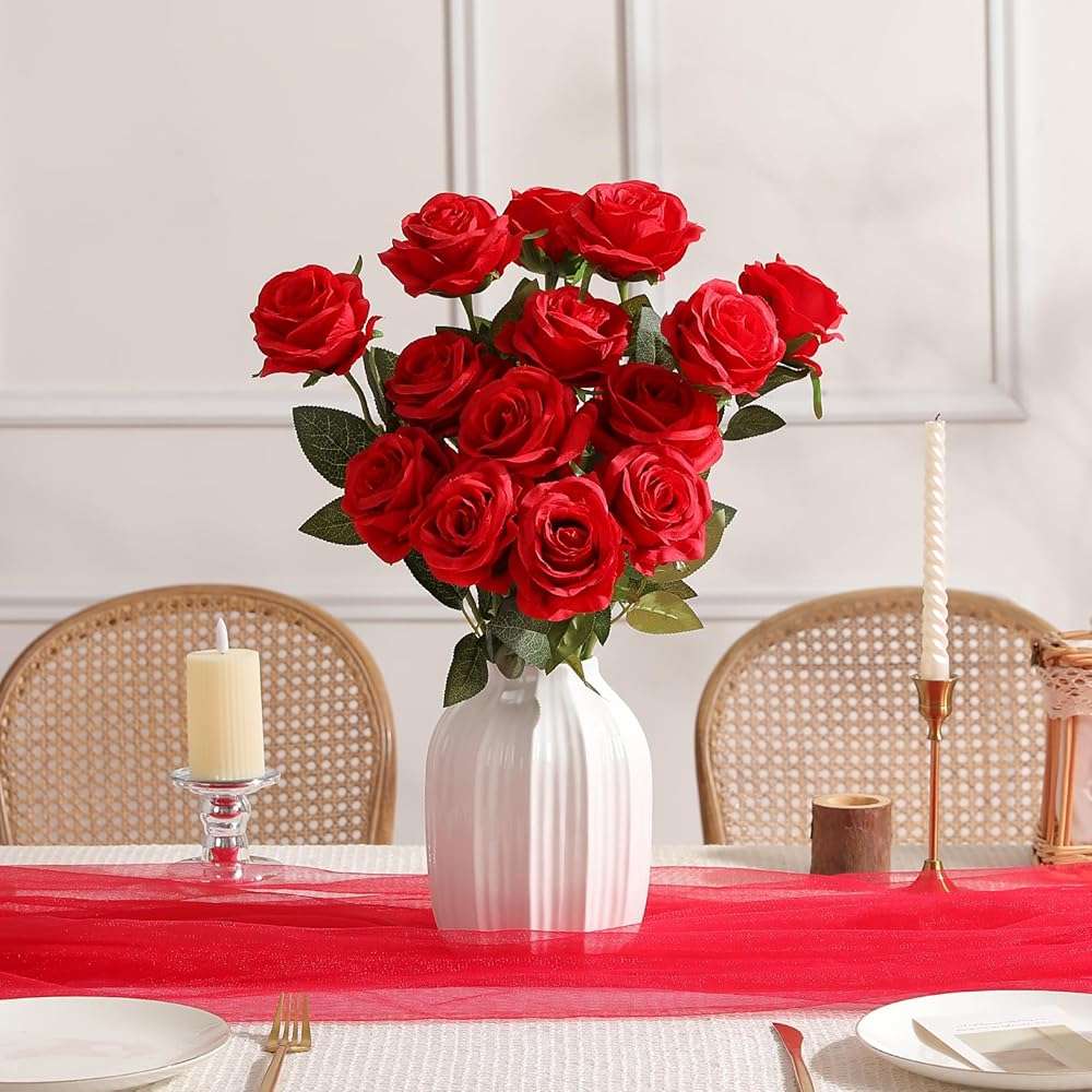 Nubry 24pcs Artificial Red Roses, Fake Silk Roses Flower with Long Stems, Realistic Flowers for Bridal Wedding Party Table Centerpiece Home Decor - Image 4