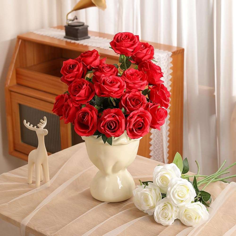 Nubry 24pcs Artificial Red Roses, Fake Silk Roses Flower with Long Stems, Realistic Flowers for Bridal Wedding Party Table Centerpiece Home Decor - Image 7