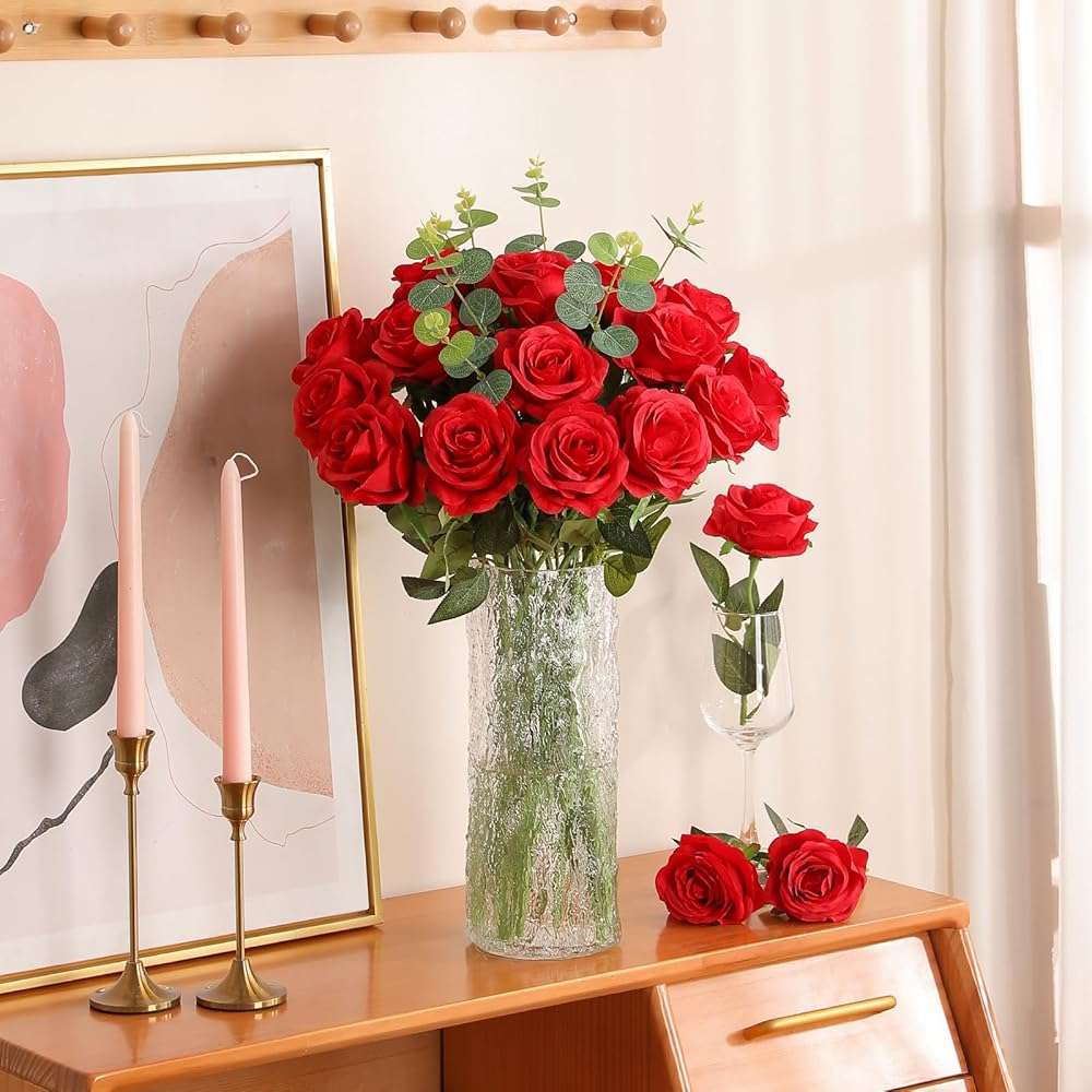 Nubry 24pcs Artificial Red Roses, Fake Silk Roses Flower with Long Stems, Realistic Flowers for Bridal Wedding Party Table Centerpiece Home Decor - Image 9