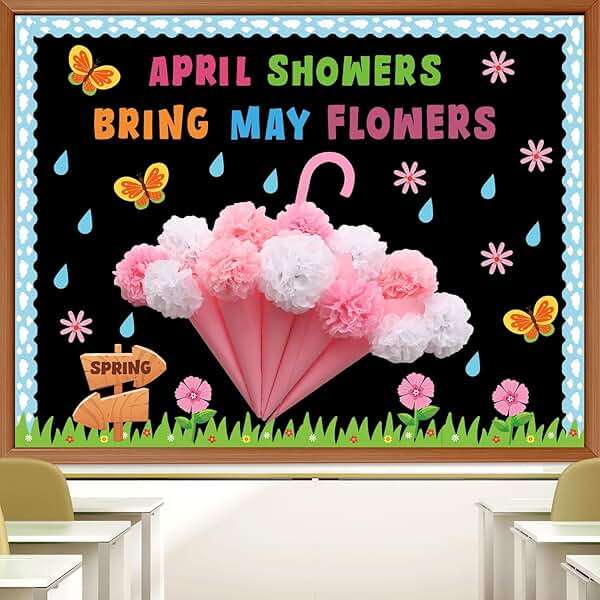 Naozinebi April Showers Bring May Flowers Bulletin Board with 3D Tissue Paper Pompoms Summer Floral Classroom Decoration Umbrella Clouds Flower Cutouts for Window Home Class School Nursery Supplies - Image 1