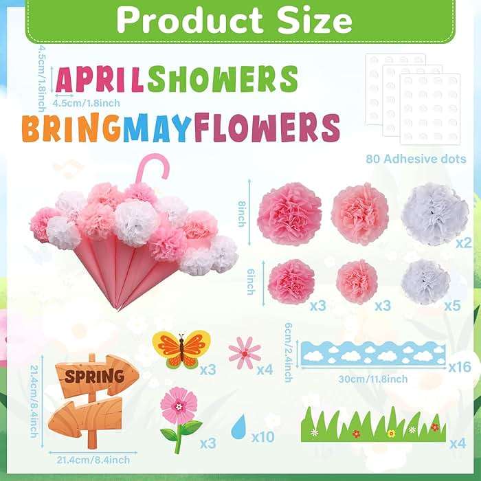 Naozinebi April Showers Bring May Flowers Bulletin Board with 3D Tissue Paper Pompoms Summer Floral Classroom Decoration Umbrella Clouds Flower Cutouts for Window Home Class School Nursery Supplies - Image 2