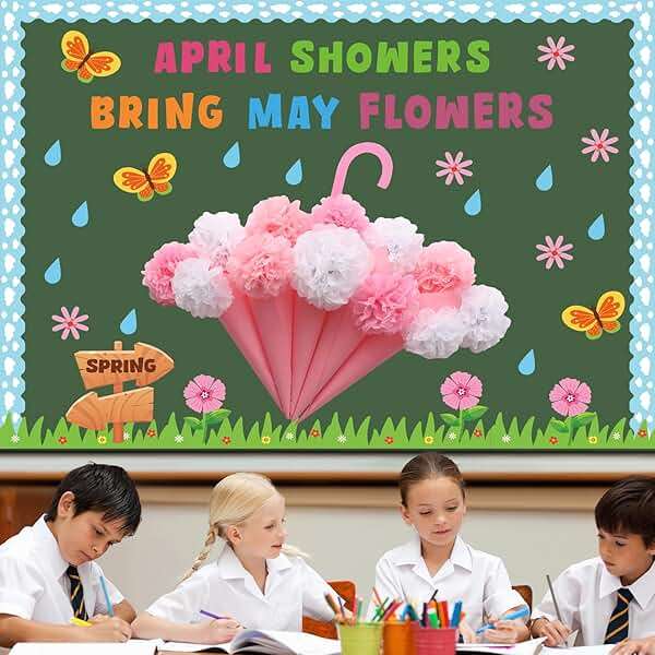 Naozinebi April Showers Bring May Flowers Bulletin Board with 3D Tissue Paper Pompoms Summer Floral Classroom Decoration Umbrella Clouds Flower Cutouts for Window Home Class School Nursery Supplies - Image 4