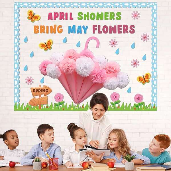 Naozinebi April Showers Bring May Flowers Bulletin Board with 3D Tissue Paper Pompoms Summer Floral Classroom Decoration Umbrella Clouds Flower Cutouts for Window Home Class School Nursery Supplies - Image 5