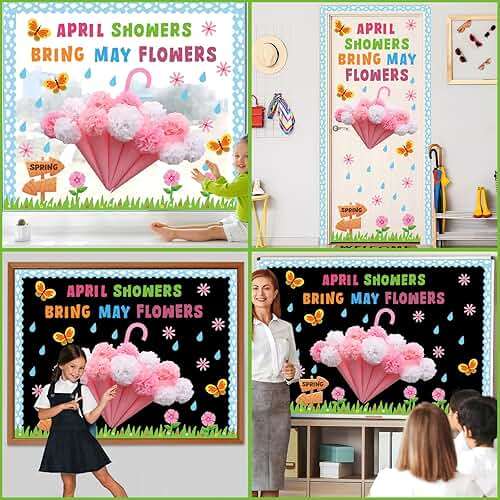 Naozinebi April Showers Bring May Flowers Bulletin Board with 3D Tissue Paper Pompoms Summer Floral Classroom Decoration Umbrella Clouds Flower Cutouts for Window Home Class School Nursery Supplies - Image 6