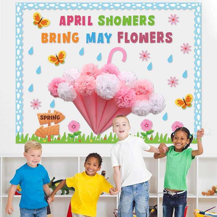 Naozinebi April Showers Bring May Flowers Bulletin Board with 3D Tissue Paper Pompoms Summer Floral Classroom Decoration Umbrella Clouds Flower Cutouts for Window Home Class School Nursery Supplies - Image 7