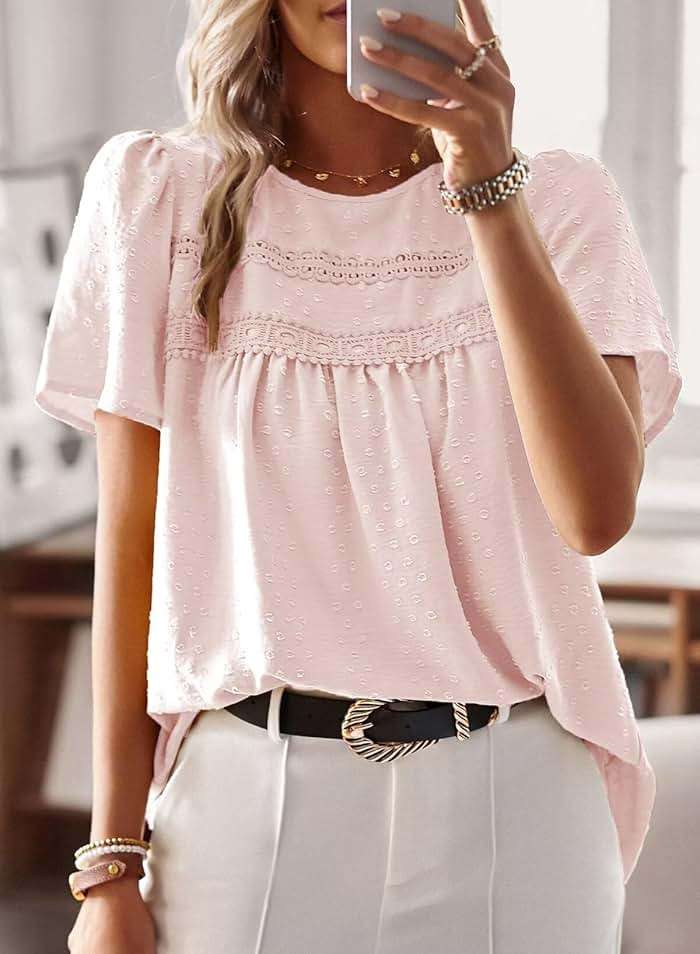 Falechay Womens Summer Tops Crewneck Short Sleeve Shirts Casual Chiffon Blouses Flowy Lace Hem Boho Clothing Trendy 2026 - Image 4