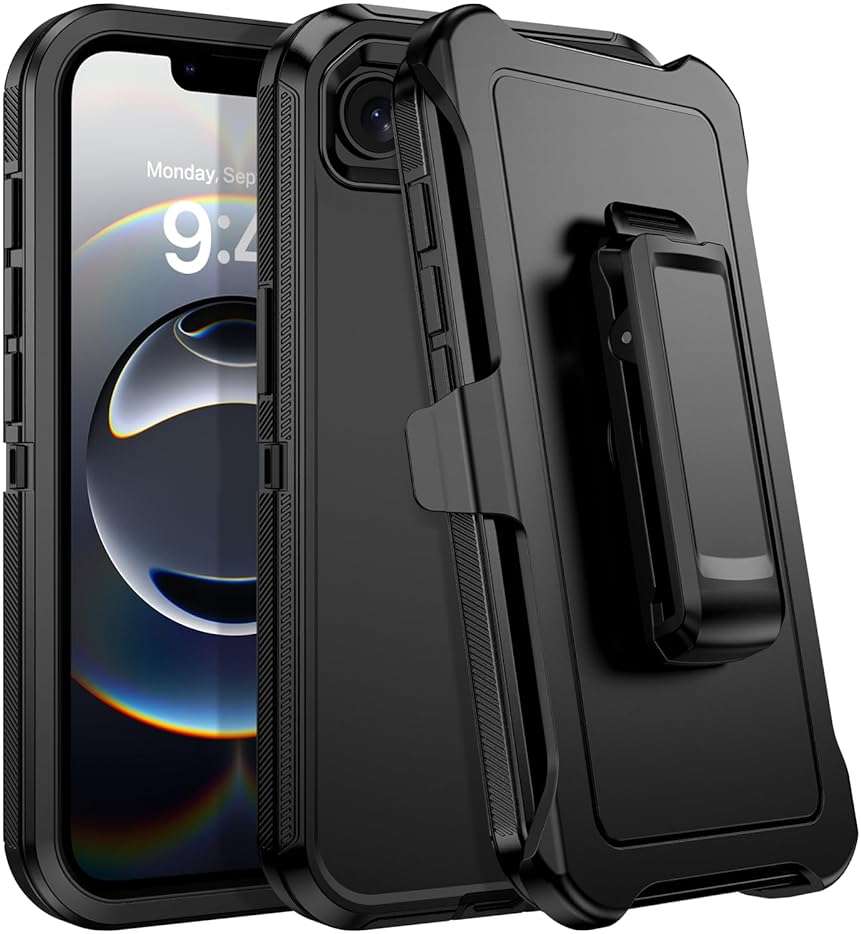 DUEDUE for iPhone 17E/16E Case with Belt Clip Holster, Military Grade Shockproof 3-Layer Heavy Duty Cover Full Body Protective Rugged Phone Cases for Apple iPhone 17E/16E 6.1", Black - Image 1