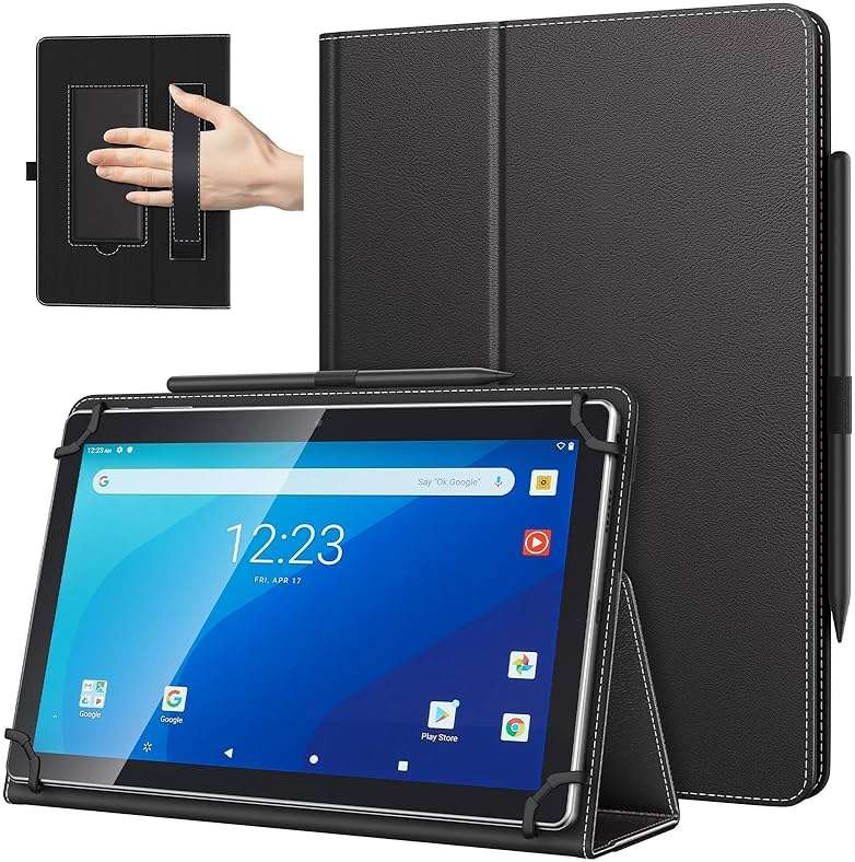 TiMOVO Universal Case for 10.1 Inch Android Tablet with Pen Loop, Lightweight Folding Stand Cover with Hand Strap for All 9.6"-11" Touchscreen Tablet, Black - Image 1