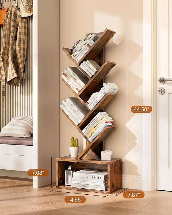 Evermagin 6 Tier Tree Bookshelf with Lights, LED Book Tree Bookcase with Storage Organizer, Small Corner Bookshelf Floor Standing Book Shelf for Living Room, Bedroom & Home Office, Rustic Brown - Image 2