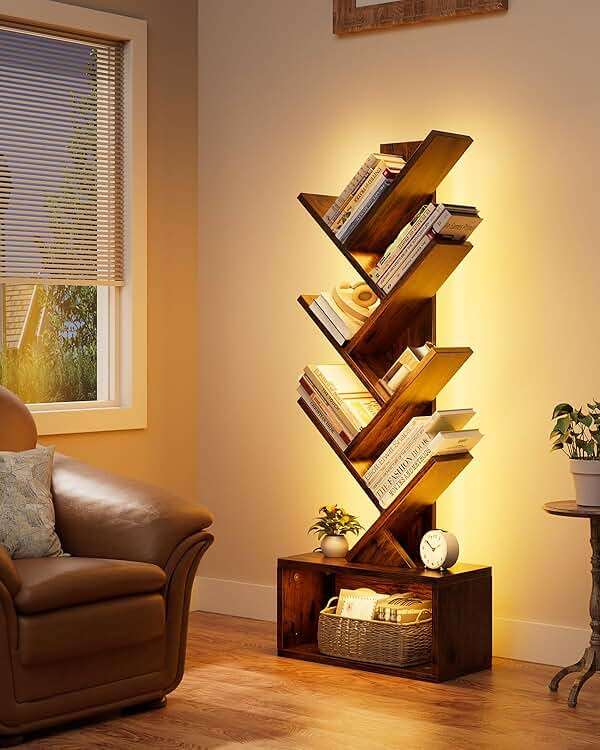 Evermagin 6 Tier Tree Bookshelf with Lights, LED Book Tree Bookcase with Storage Organizer, Small Corner Bookshelf Floor Standing Book Shelf for Living Room, Bedroom & Home Office, Rustic Brown - Image 3