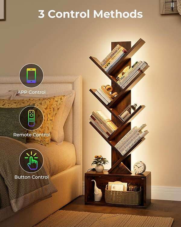 Evermagin 6 Tier Tree Bookshelf with Lights, LED Book Tree Bookcase with Storage Organizer, Small Corner Bookshelf Floor Standing Book Shelf for Living Room, Bedroom & Home Office, Rustic Brown - Image 4