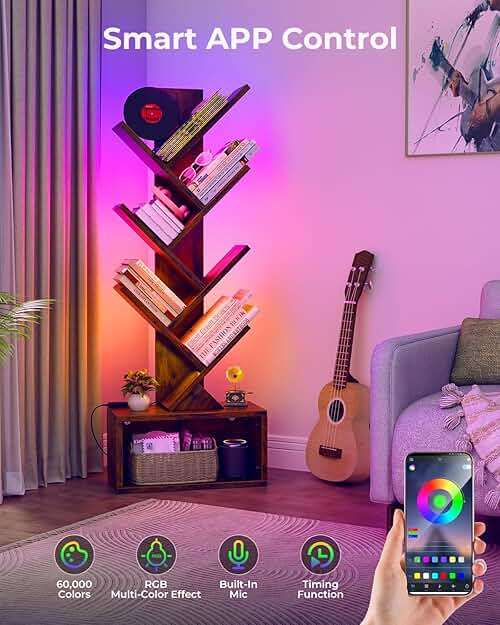 Evermagin 6 Tier Tree Bookshelf with Lights, LED Book Tree Bookcase with Storage Organizer, Small Corner Bookshelf Floor Standing Book Shelf for Living Room, Bedroom & Home Office, Rustic Brown - Image 5