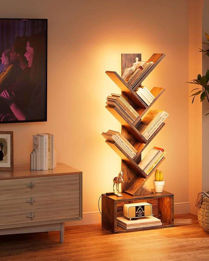 Evermagin 6 Tier Tree Bookshelf with Lights, LED Book Tree Bookcase with Storage Organizer, Small Corner Bookshelf Floor Standing Book Shelf for Living Room, Bedroom & Home Office, Rustic Brown - Image 6