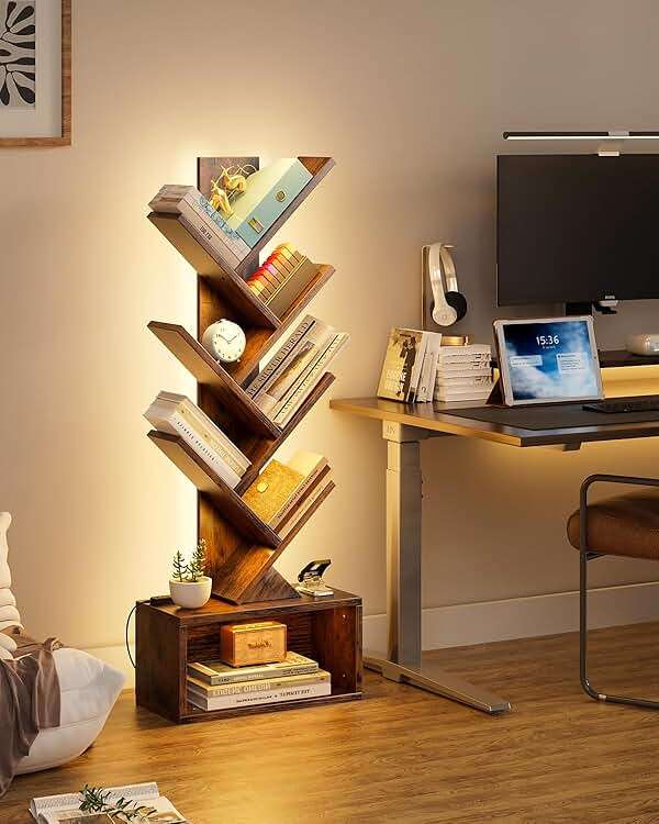 Evermagin 6 Tier Tree Bookshelf with Lights, LED Book Tree Bookcase with Storage Organizer, Small Corner Bookshelf Floor Standing Book Shelf for Living Room, Bedroom & Home Office, Rustic Brown - Image 7