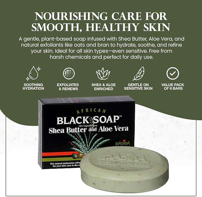 Madina African Black Soap Bar – Shea Butter, Aloe Vera, Moisturizing, Gentle Exfoliating, 100% Vegetable-Based, For All Skin Types, Face & Body Cleanser, 6 Pack (3.5 oz Each) - Image 2