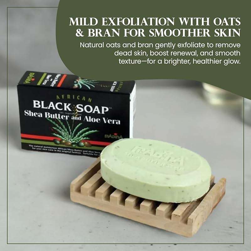 Madina African Black Soap Bar – Shea Butter, Aloe Vera, Moisturizing, Gentle Exfoliating, 100% Vegetable-Based, For All Skin Types, Face & Body Cleanser, 6 Pack (3.5 oz Each) - Image 5