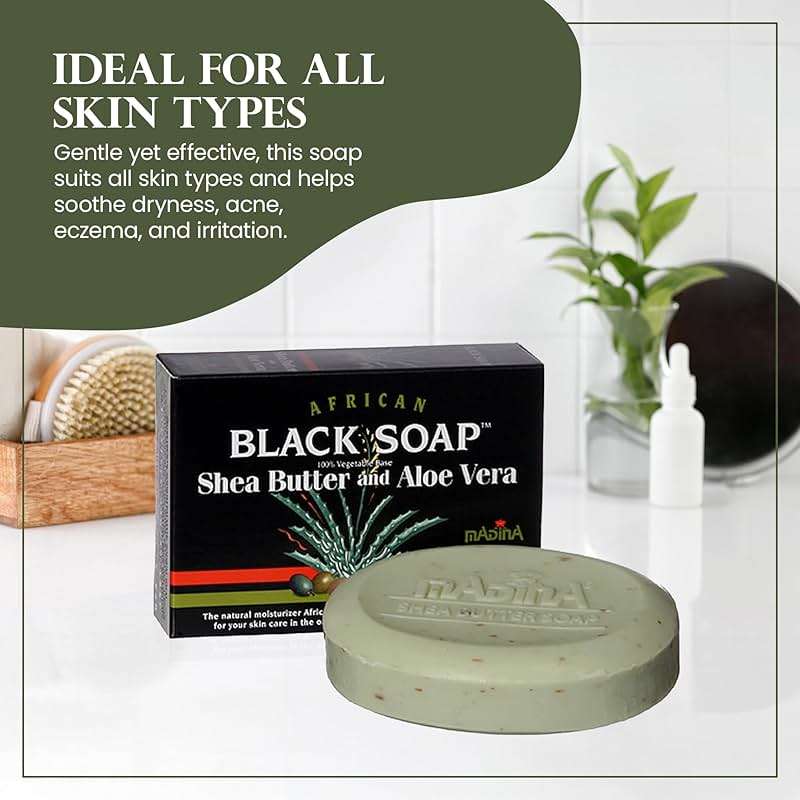 Madina African Black Soap Bar – Shea Butter, Aloe Vera, Moisturizing, Gentle Exfoliating, 100% Vegetable-Based, For All Skin Types, Face & Body Cleanser, 6 Pack (3.5 oz Each) - Image 6