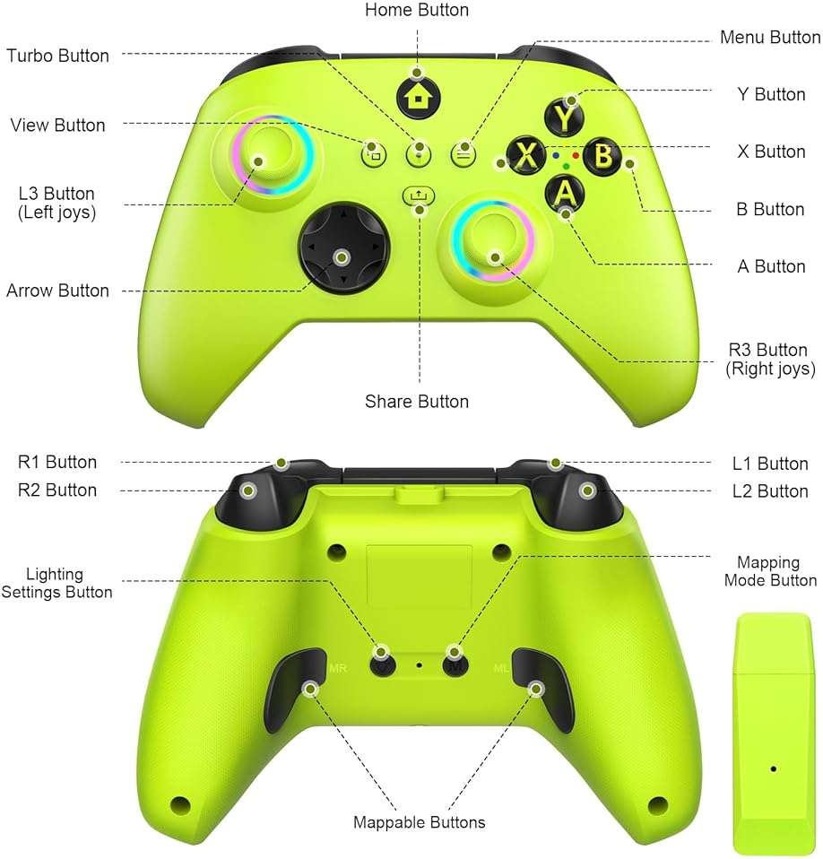 W&O Wireless Controller for With Xbox One, Xbox Series X/S, Xbox One X/S, PC, With RGB LED Light, Mappable Buttons, With 2.4GHZ Wireless Adapter Gamepad (Electric Volt) - Image 2