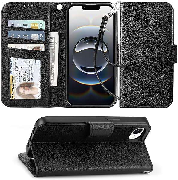 Arae Compatible with iPhone 17e/16e Case Wallet with Card Holder,Wristlet Strap Wallet Flip Cover for iPhone 17e/16e 6.1 inch Men/Women, RFID Blocking, Kickstand,Litchi Black - Image 1