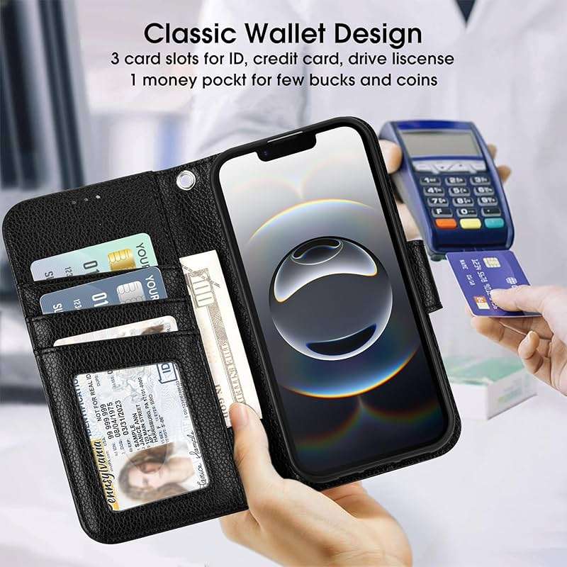 Arae Compatible with iPhone 17e/16e Case Wallet with Card Holder,Wristlet Strap Wallet Flip Cover for iPhone 17e/16e 6.1 inch Men/Women, RFID Blocking, Kickstand,Litchi Black - Image 3