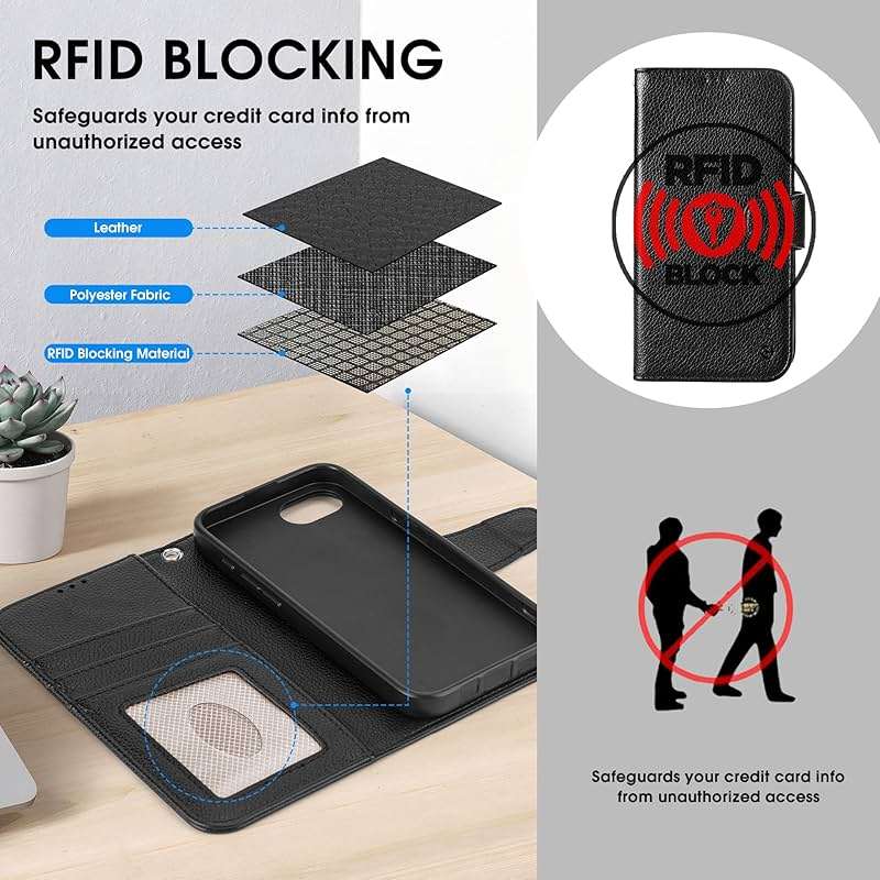 Arae Compatible with iPhone 17e/16e Case Wallet with Card Holder,Wristlet Strap Wallet Flip Cover for iPhone 17e/16e 6.1 inch Men/Women, RFID Blocking, Kickstand,Litchi Black - Image 4