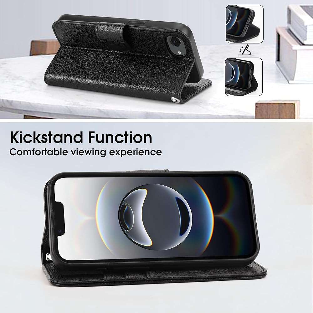 Arae Compatible with iPhone 17e/16e Case Wallet with Card Holder,Wristlet Strap Wallet Flip Cover for iPhone 17e/16e 6.1 inch Men/Women, RFID Blocking, Kickstand,Litchi Black - Image 6