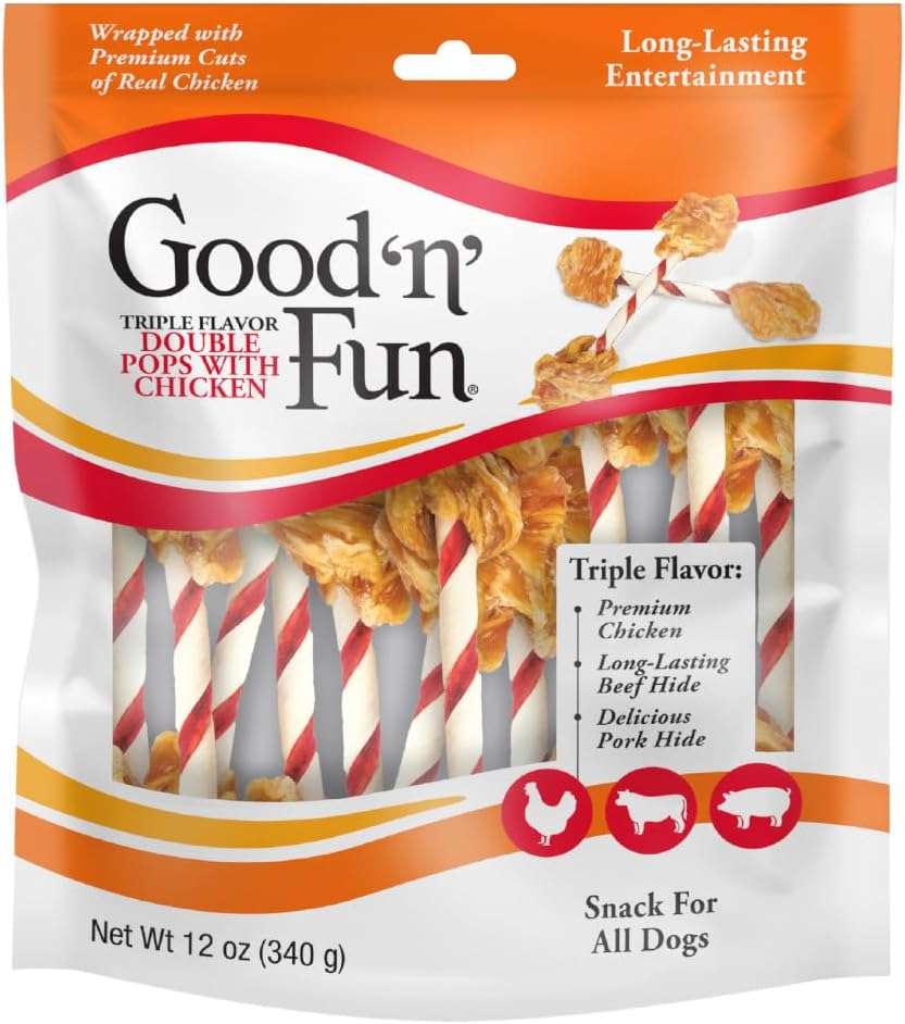 GOOD 'N' FUN Triple Flavor Double Pops Treats for Dogs, Long-Lasting Chews Made with Real Chicken, Beef Hide and Pork Hide, 12 oz - Image 1