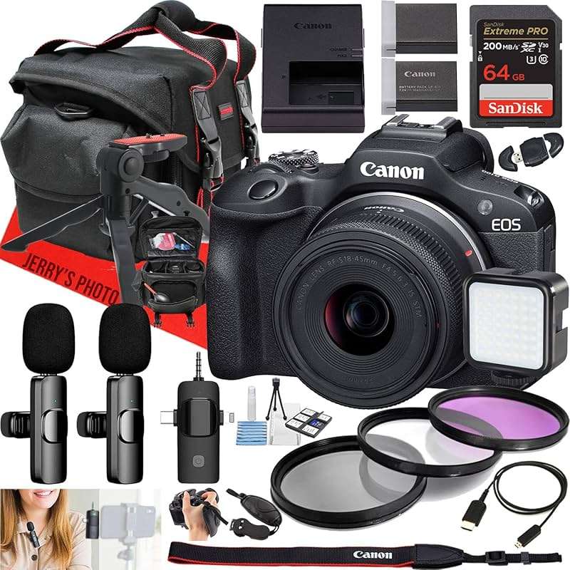 Canon EOS R100 Mirrorless Camera with RF-S 18-45mm f/4.5-6.3 is STM Lens + Dual Wireles Microphones + 64 GB Memory + Extra Battery + LED Light + More (23pc Bundle) (Renewed) - Image 1