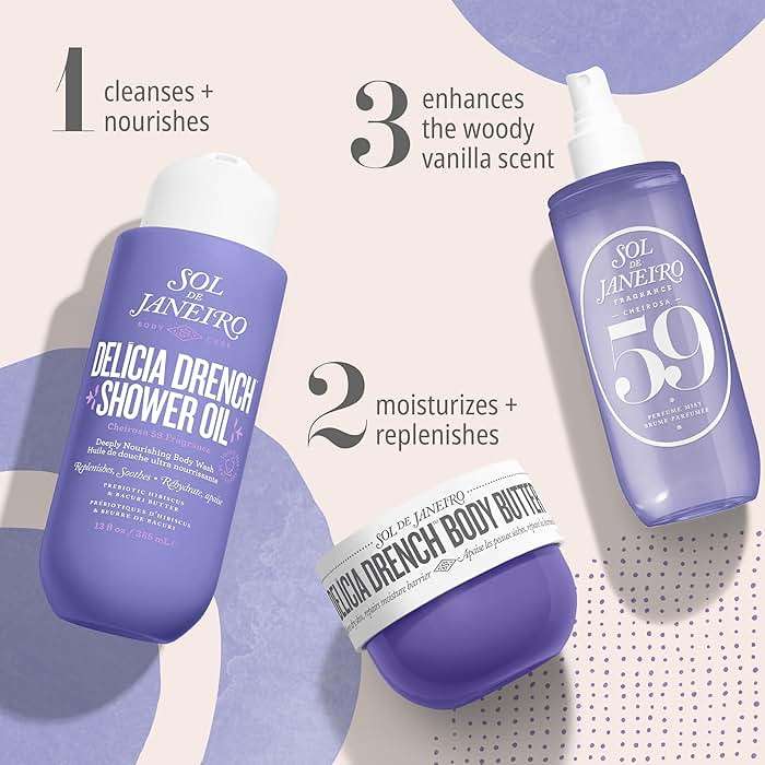 Sol de Janeiro Deeply Moisturizing Nighttime Body Care Routine for Dry Skin - Delicia Drench Shower Oil, Delicia Drench Body Butter, & Vanilla Cheirosa 59 Perfume Mist - Image 2