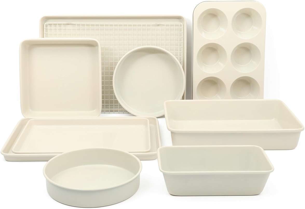 Martha Stewart Gallen 10 Piece Baking Pans Ceramic PFA Free Non Toxic Non Stick Bakeware Set - Linen White - Image 1