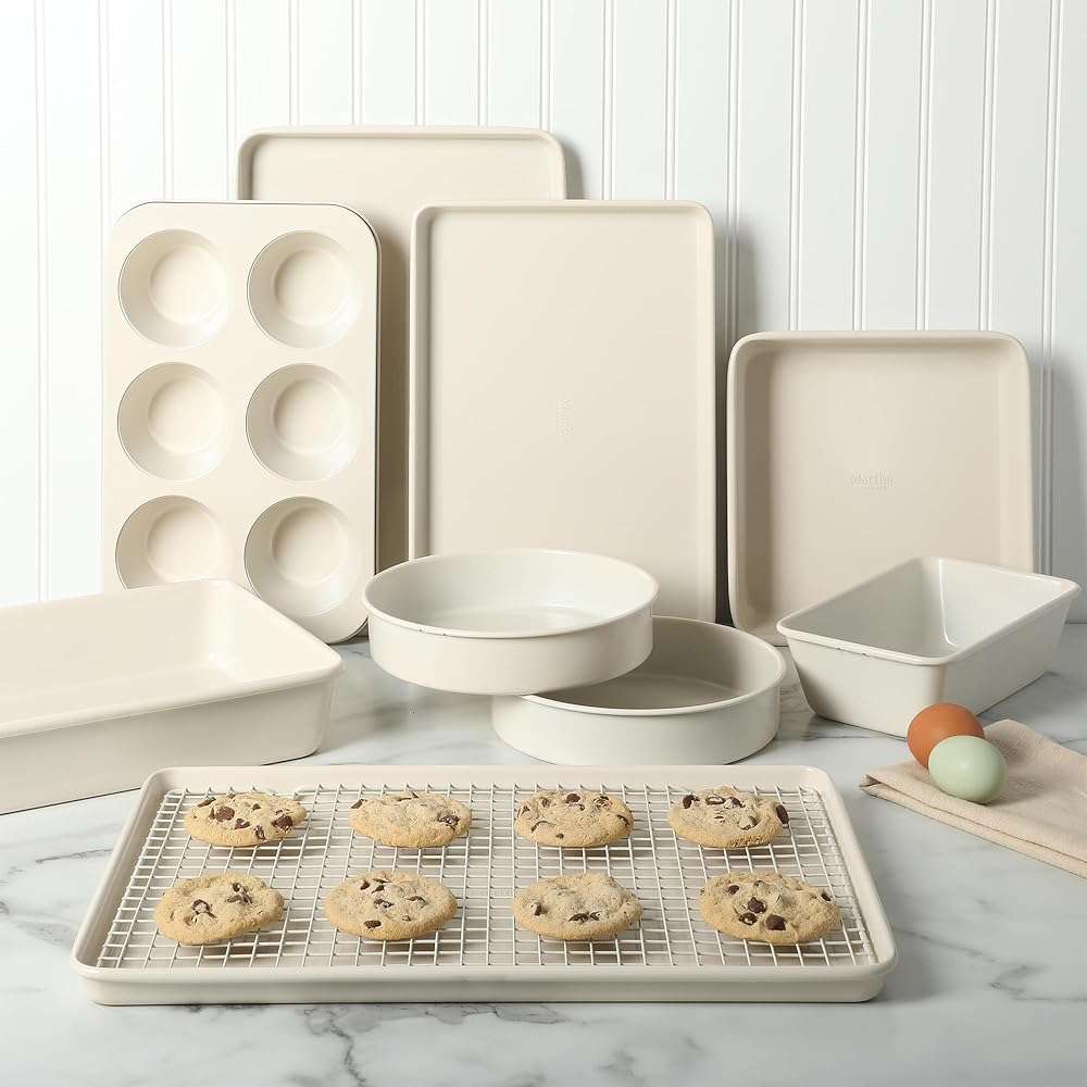 Martha Stewart Gallen 10 Piece Baking Pans Ceramic PFA Free Non Toxic Non Stick Bakeware Set - Linen White - Image 2