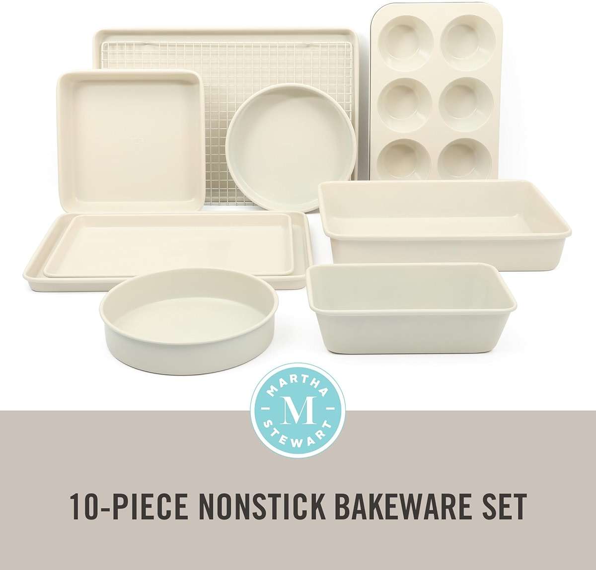 Martha Stewart Gallen 10 Piece Baking Pans Ceramic PFA Free Non Toxic Non Stick Bakeware Set - Linen White - Image 3