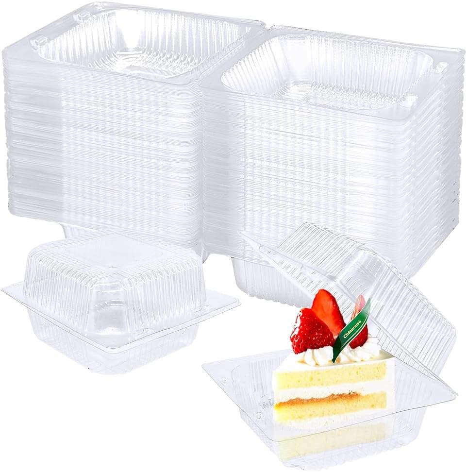 Jgalnim 100 Pack Clear Plastic Square Hinged Food Clamshell Container,Disposable To Go Cake Slice Container,Clear Plastic Clamshell Food Containers for Cookies, Desserts, Fruits, Salads, Sandwiches - Image 1